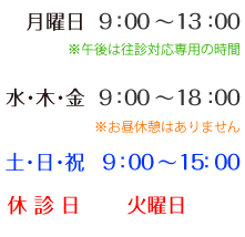 [営業時間]平日AM 9:00-18:00 ※お昼休みはありません。/ 土･日･祝 9:00～15:00　／ 休診日　火曜日