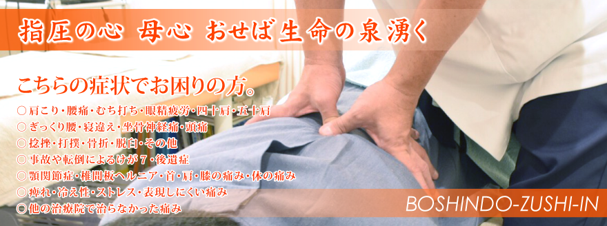 指圧の心 母心 おせば生命の泉湧く こちらの症状でお困りの方。肩こり・腰痛・むち打ち・眼精疲労・四十肩・五十肩 ぎっくり腰・寝違え・坐骨神経痛・頭痛 捻挫・打撲・骨折・脱臼・その他， 事故や転倒よるケガ・後遺症 顎関節症・椎間板ヘルニア・首・肩・膝の痛み・体の痛み 痺れ・冷え症・ストレス・表現しにくい痛み 他の治療院で治らなかった痛み