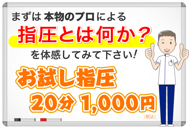 まずは本物のプロによる指圧とは何か?を体感してみて下さい!お試し指圧20分1,000円です